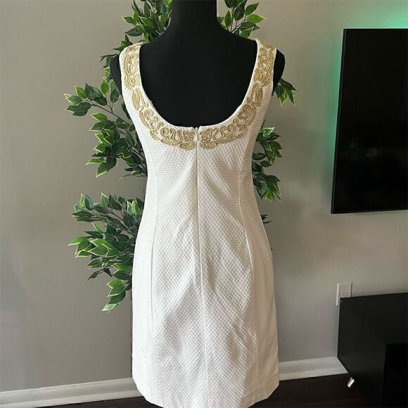 Lilly Pulitzer Suzette Shift Dress White Gold Braid Trim Knee Length Women's - Picture 3 of 7